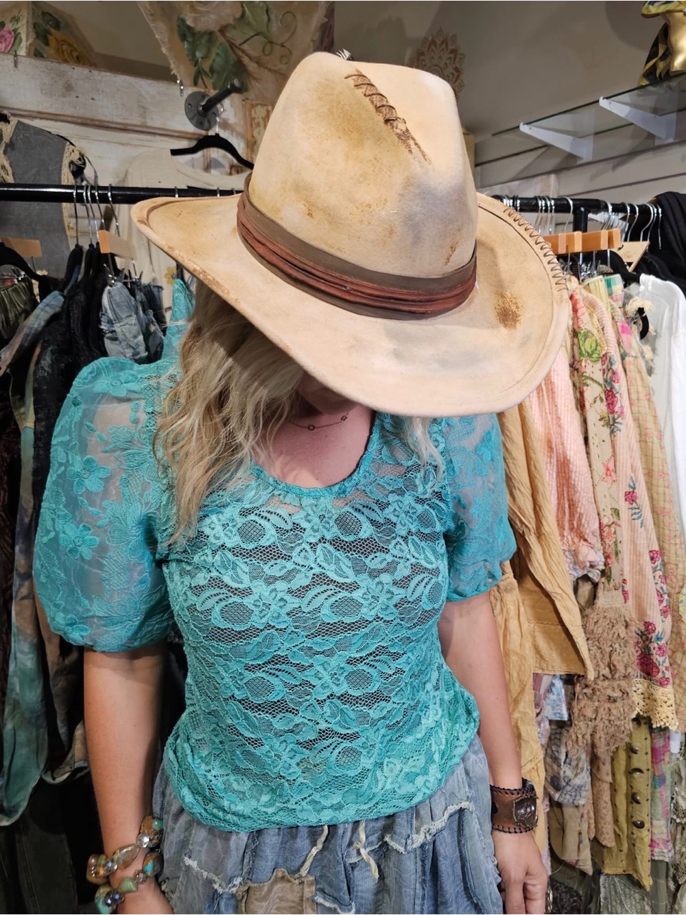 Miss Hattie Lace Puff Sleeve Top-Turquoise
